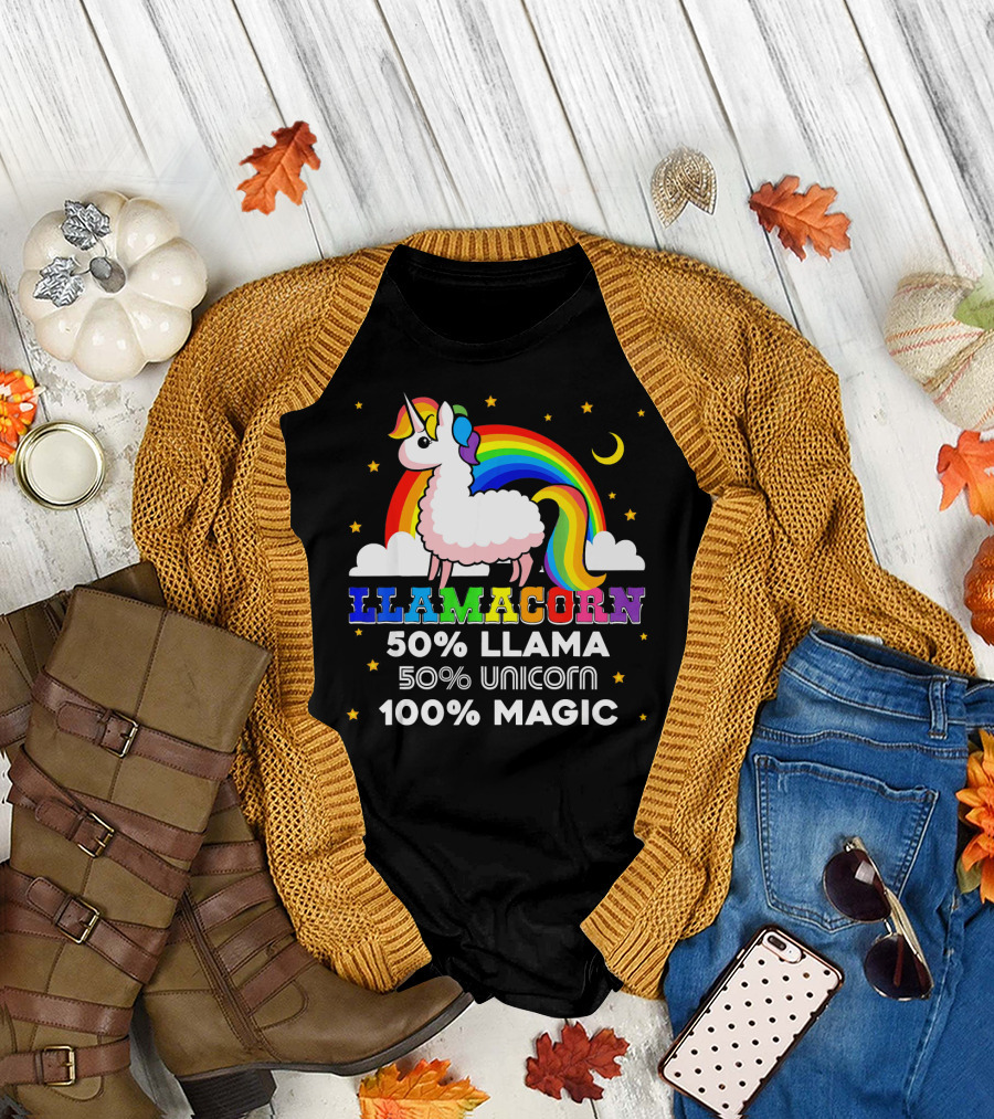 LLAMACORN 50% Llama 50% Unicorn 100% Magic Rainbow Moon Stars T-Shirt