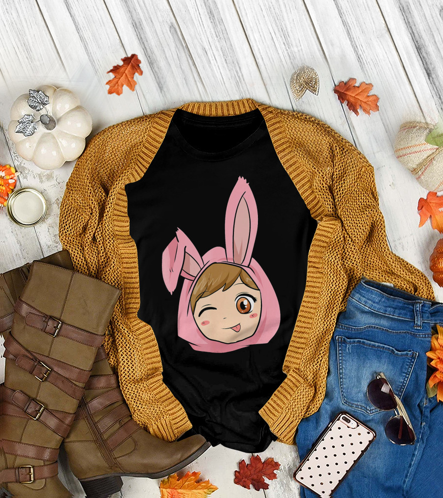 Kawaii Anime Girl with Pink Bunny Ears Winking Playfully T-Shirt