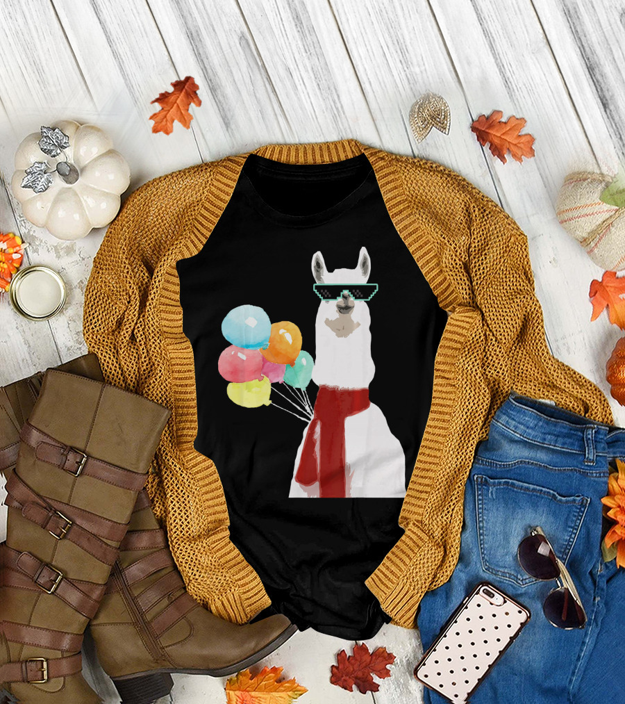 Llama Alpaca Sunglasses Funny Cool Lama with Colorful Balloons T-Shirt