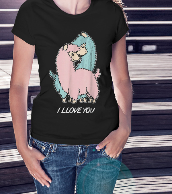 I LLOVE YOU Funny Llama Valentin Cute Alpaca Pair Hug T-Shirt