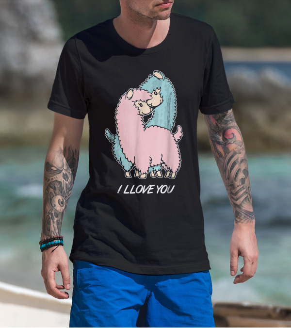 I LLOVE YOU Funny Llama Valentin Cute Alpaca Pair Hug T-Shirt