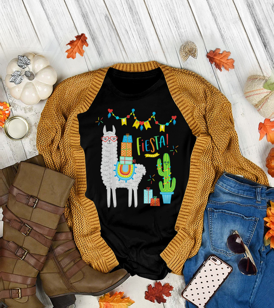 Fiesta Llama Birthday Celebration with Alpaca and Cactus Decorations T-Shirt