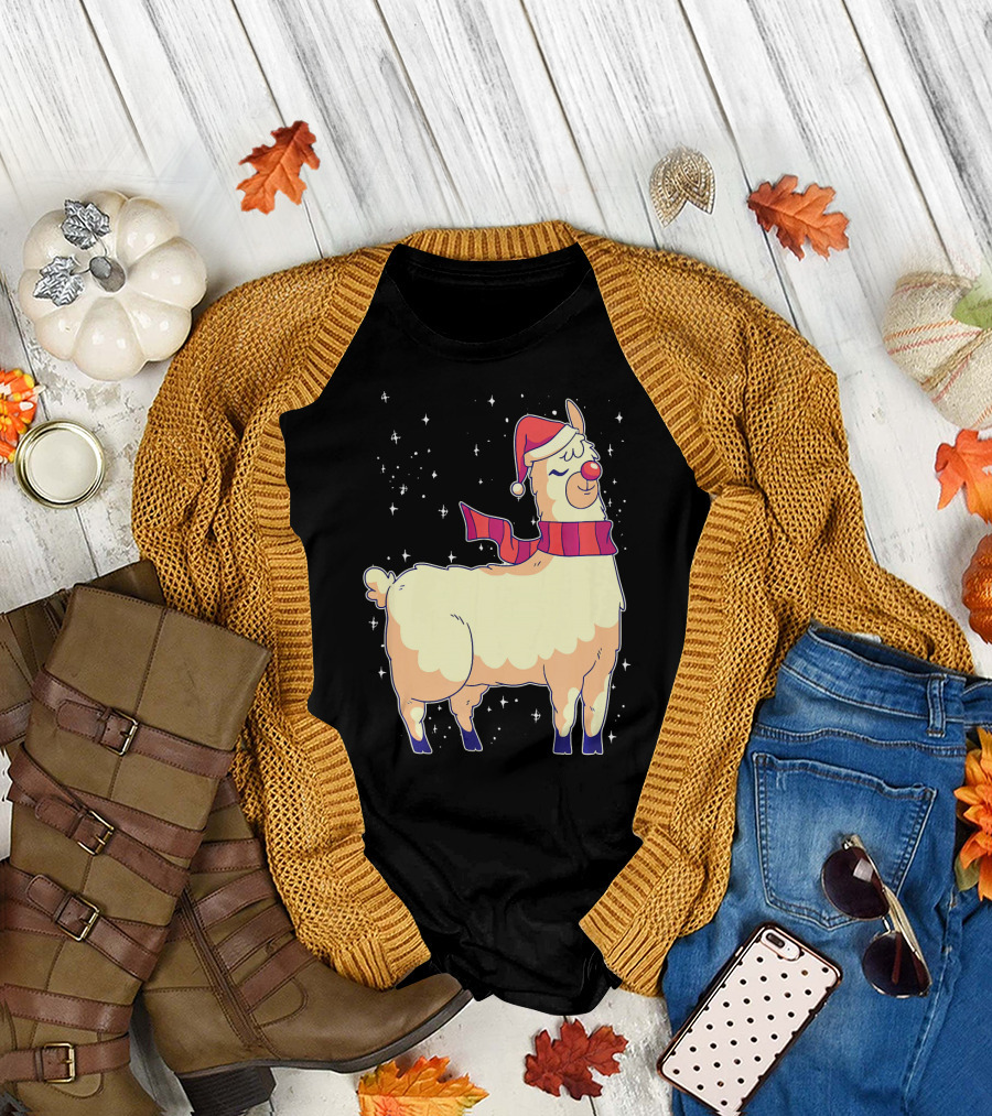Llama Alpaca Christmas Reindeer Santa Hat Scarf Snowflakes T-Shirt