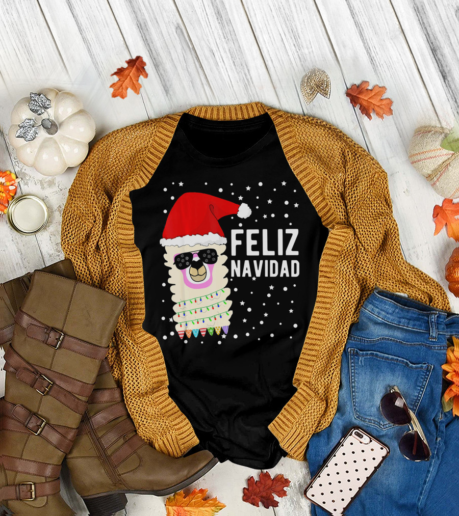 Feliz Navidad Funny Llama Alpaca Christmas Santa Hat T-Shirt