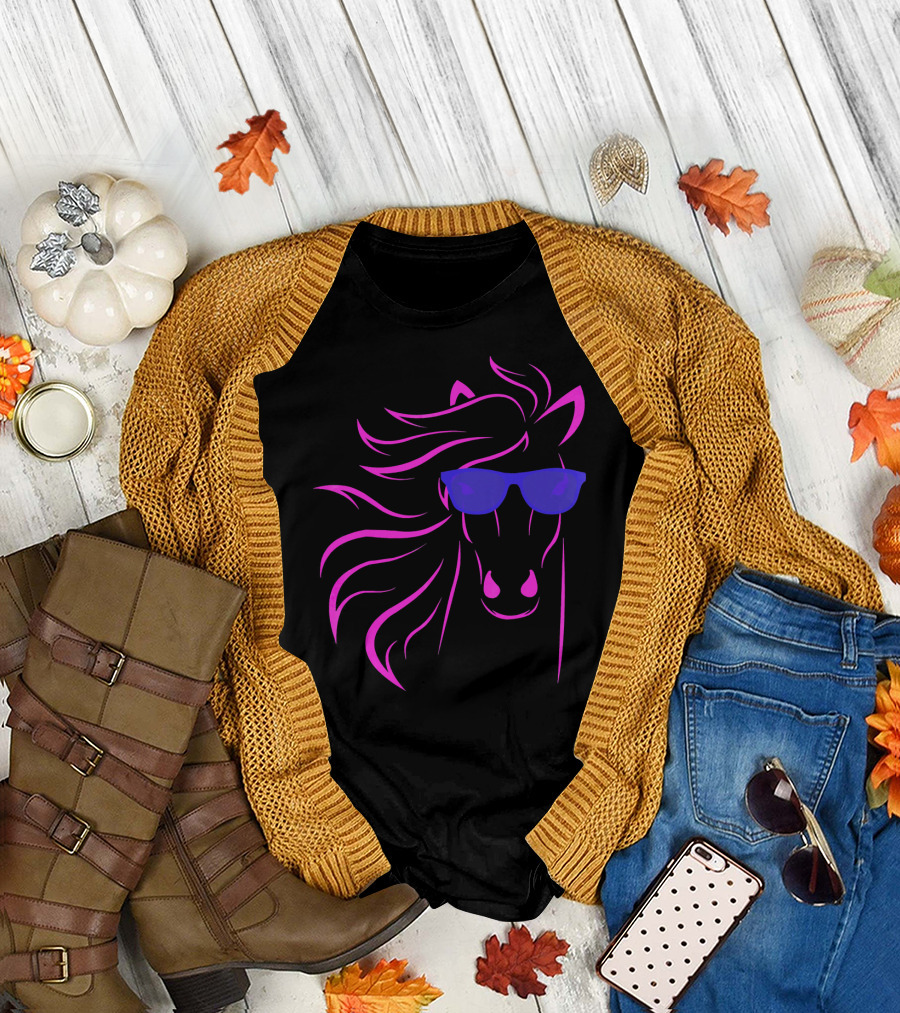Horse Lover Sunglasses Funny Equestrian Pink and Purple Graphics T-Shirt