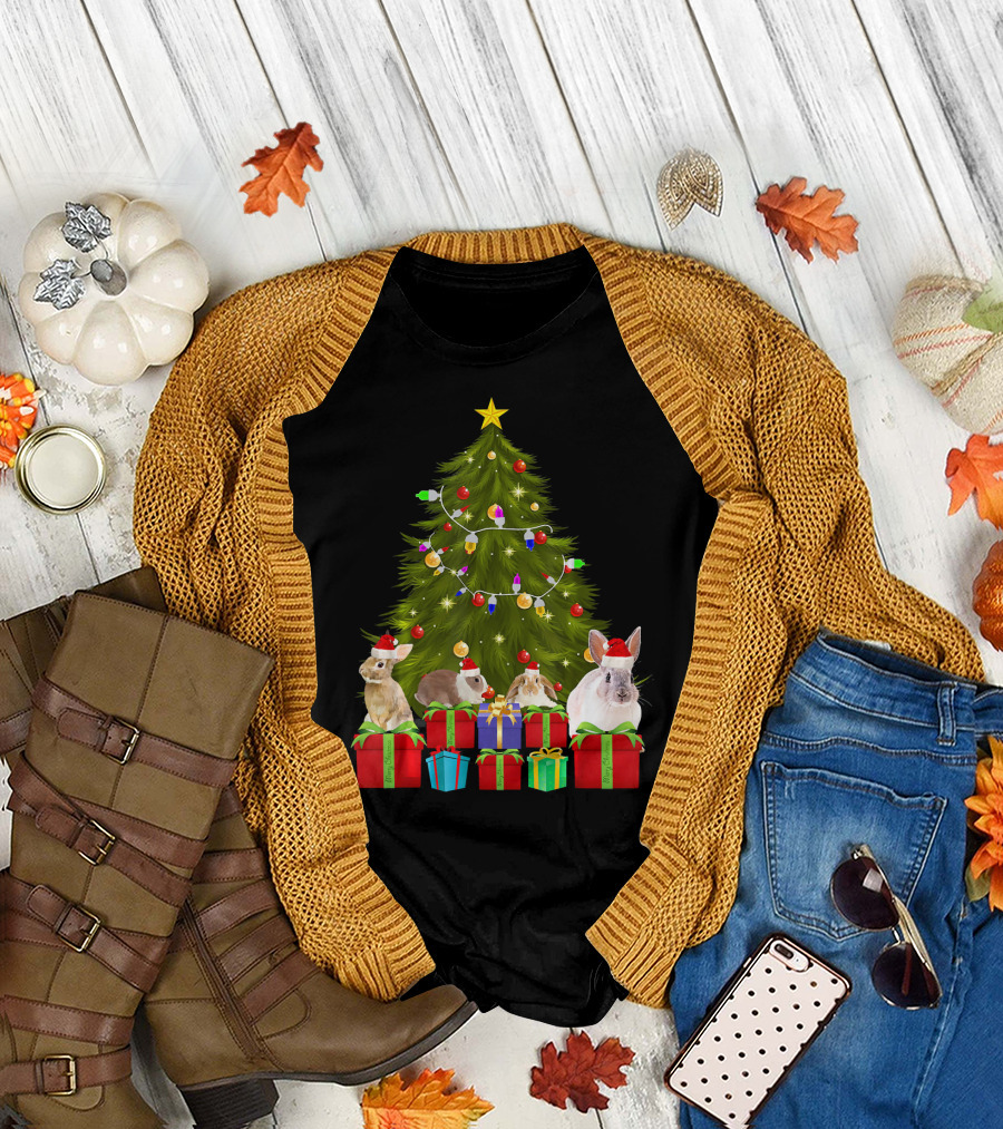 Santa Rabbits with Christmas Tree Lights and Presents T-Shirt