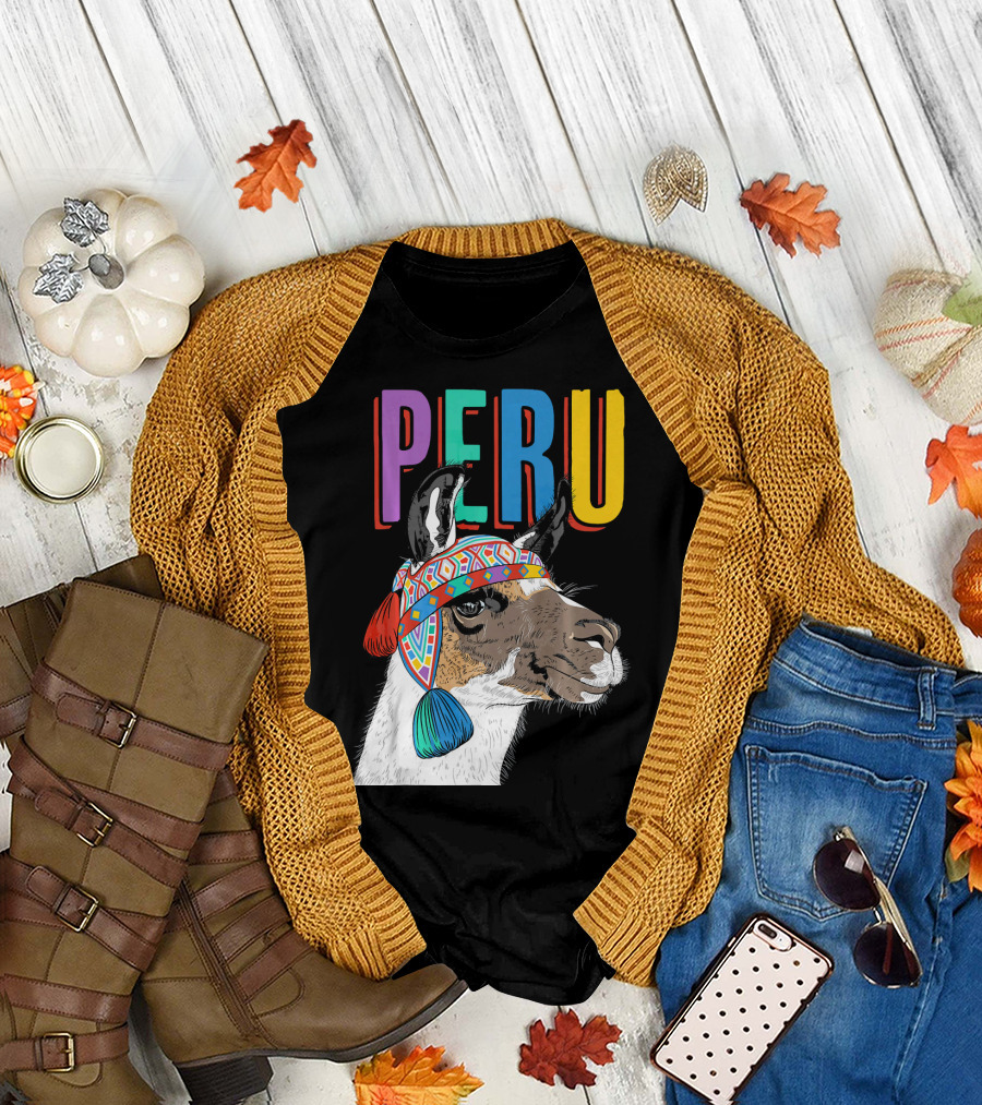 Peru Colorful Llama with Traditional Hat Design Graphic Product T-Shirt