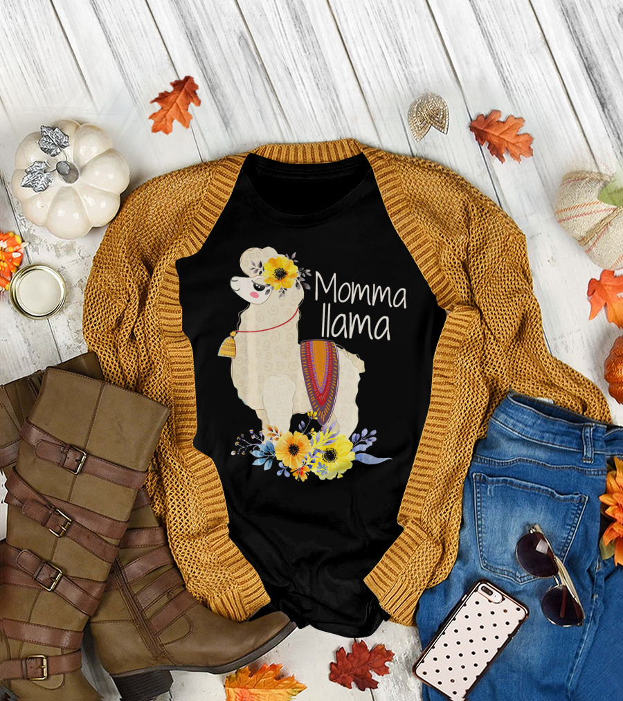 Momma Llama with Colorful Flowers and Ornate Blanket T-Shirt