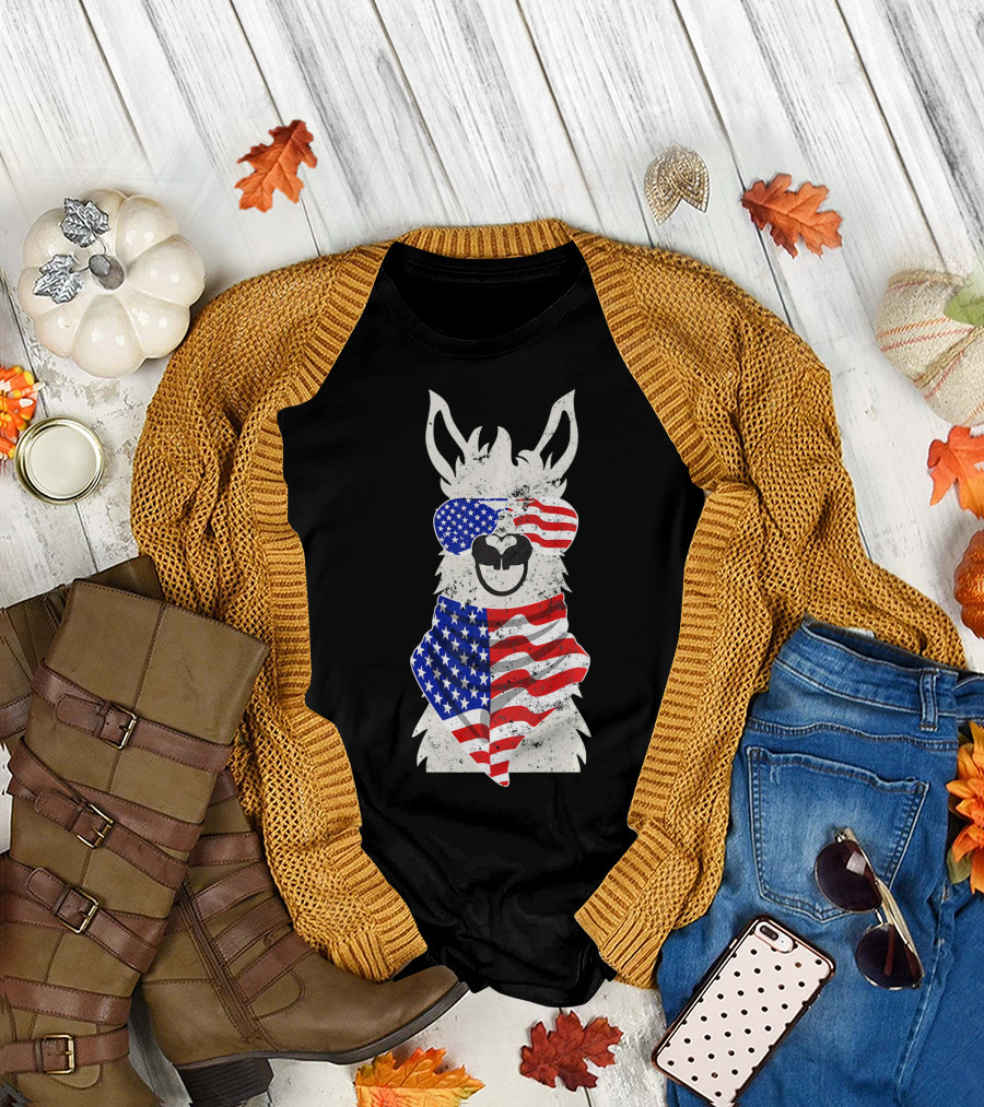 USA Patriotic Llama July 4th American Flag T-Shirt