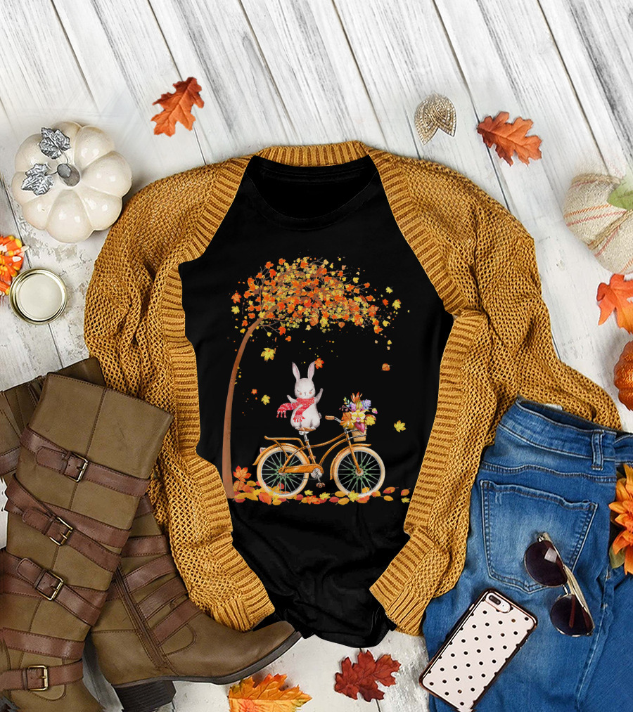 Rabbit Cycling Under Autumn Leaves with Scarf and Flowers T-Shirt