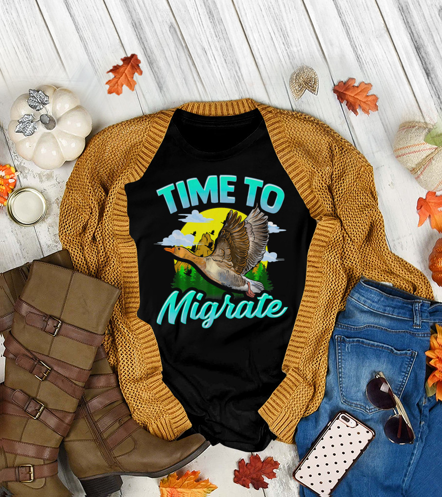 Time To Migrate Goose Bird Migration Pun Vintage Nature Scenery T-Shirt