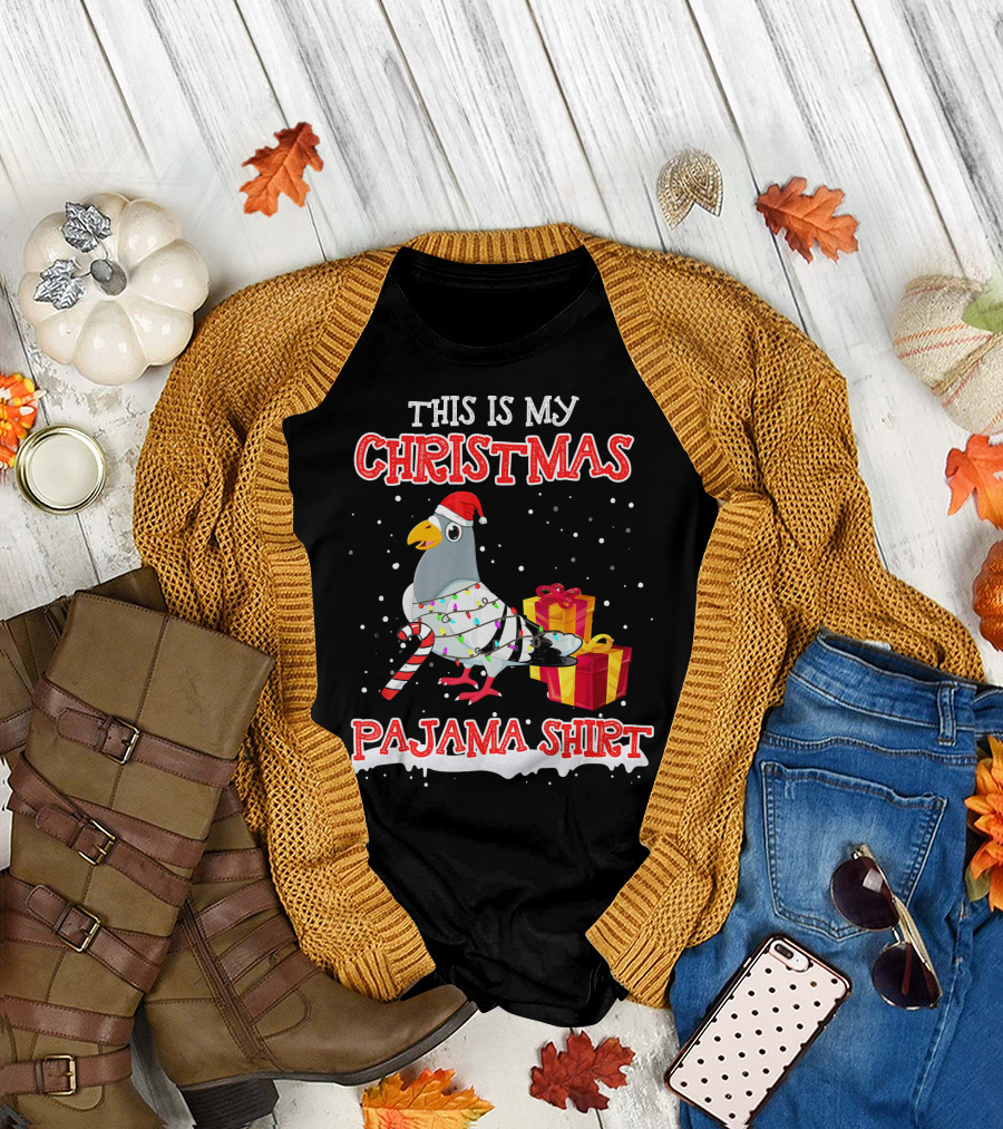 This Is My Christmas Pajama Shirt Pigeon Santa Candy Cane Presents T-Shirt
