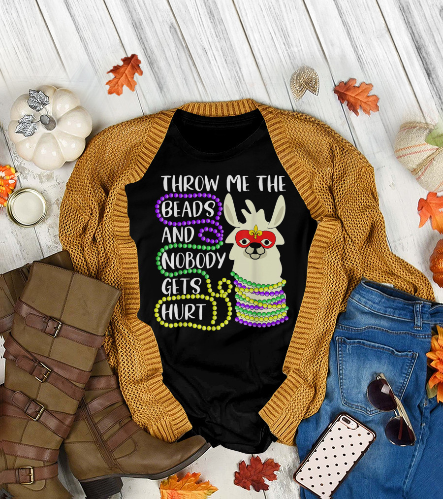 Throw Me the Beads and Nobody Gets Hurt Llama Mardi Gras Mask Beads T-Shirt