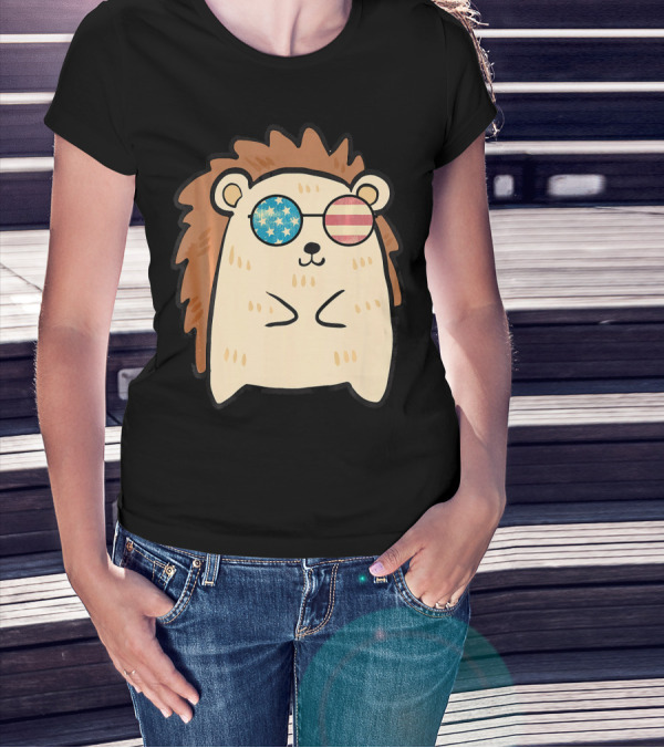 Patriotic American Hedgehog With Retro USA Flag Sunglasses T-Shirt