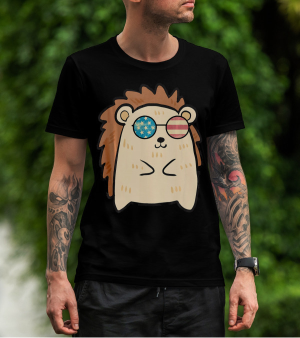 Patriotic American Hedgehog With Retro USA Flag Sunglasses T-Shirt