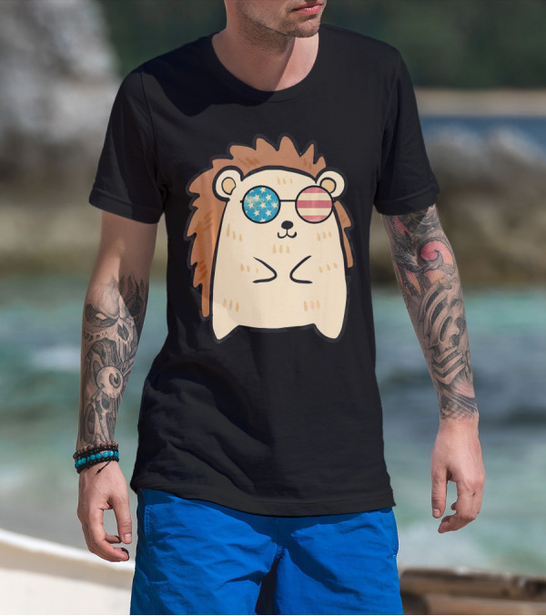 Patriotic American Hedgehog With Retro USA Flag Sunglasses T-Shirt