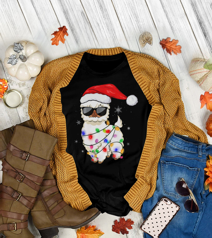 Santa Llama Funny Christmas Lights Alpaca Wearing Santa Hat with Sunglasses T-Shirt