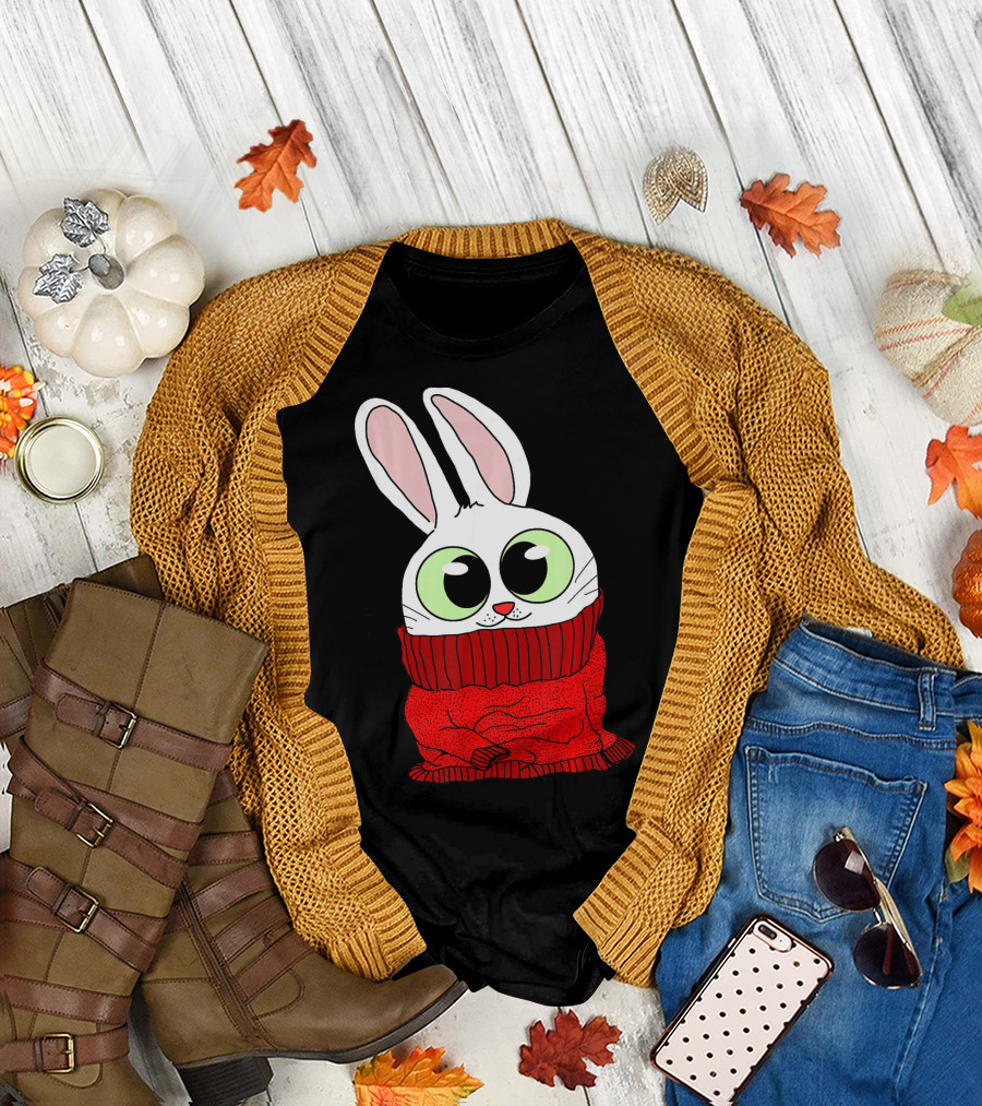 Sweet Fluffy Bunny in Cozy Red Sweater with Big Green Eyes T-Shirt