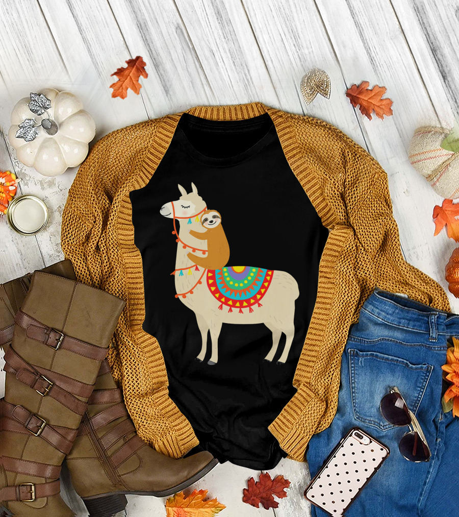 Sloth Hugging Llama with Colorful Blanket T-Shirt