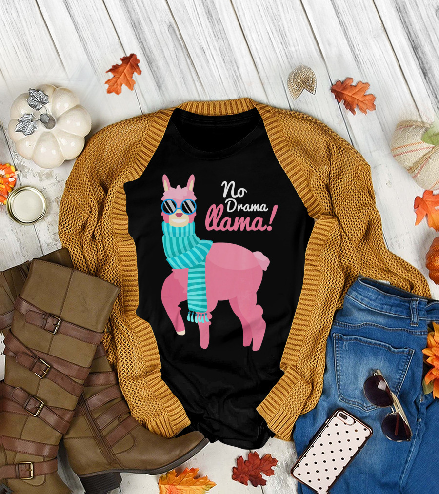No Drama Llama Pink Llama with Sunglasses and Scarf T-Shirt