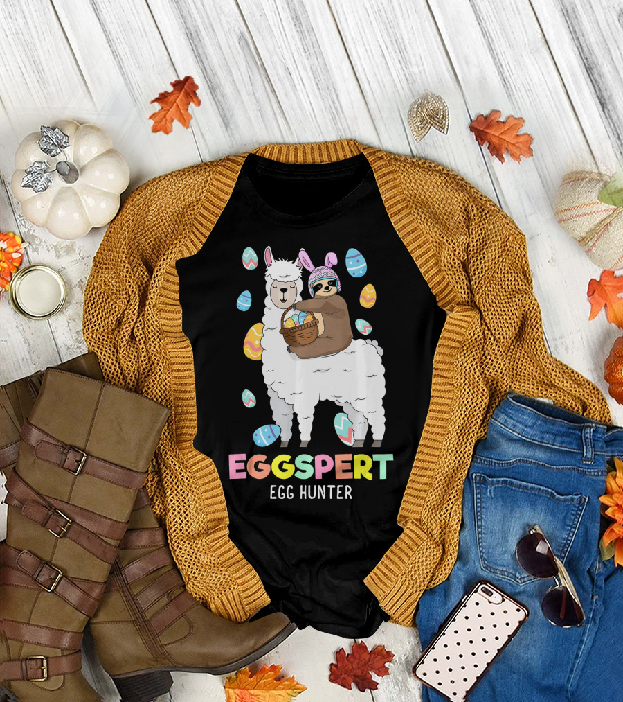 Eggspert Egg Hunter Sloth Riding Llama with Easter Eggs T-Shirt