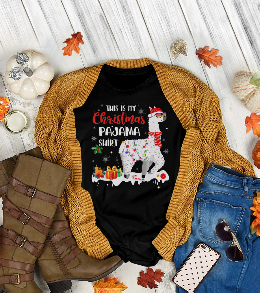 This Is My Christmas Pajama Shirt Llama with Presents and Candy Canes T-Shirt