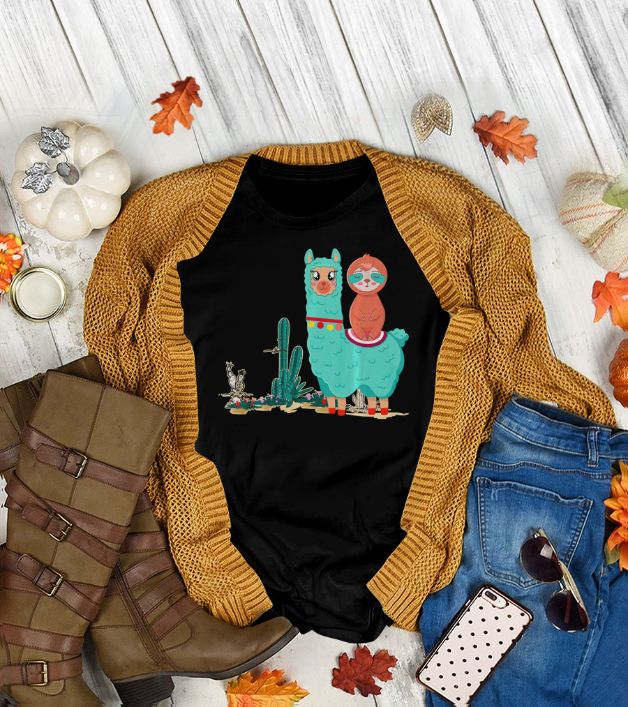Sloth Riding Llama Funny Alpaca Heart Cactus Desert Scene T-Shirt