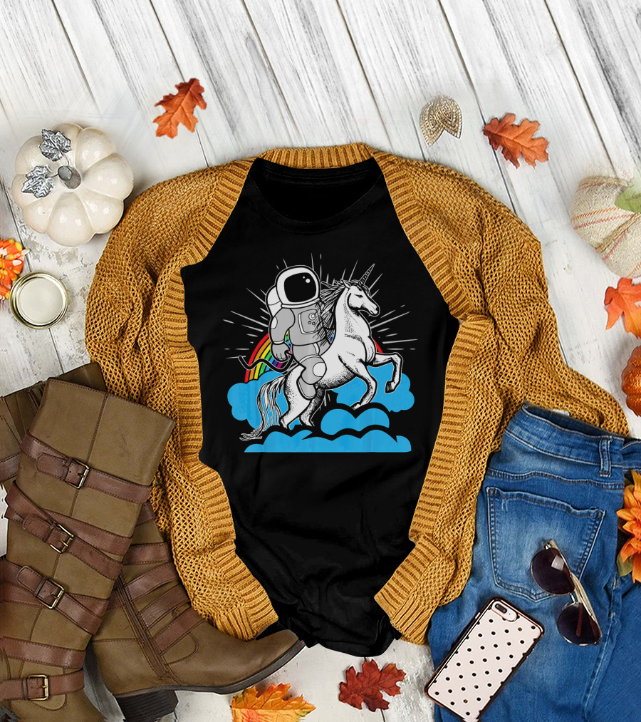 Unicorn Astronaut Riding Unicorn Rainbow Clouds Sky T-Shirt