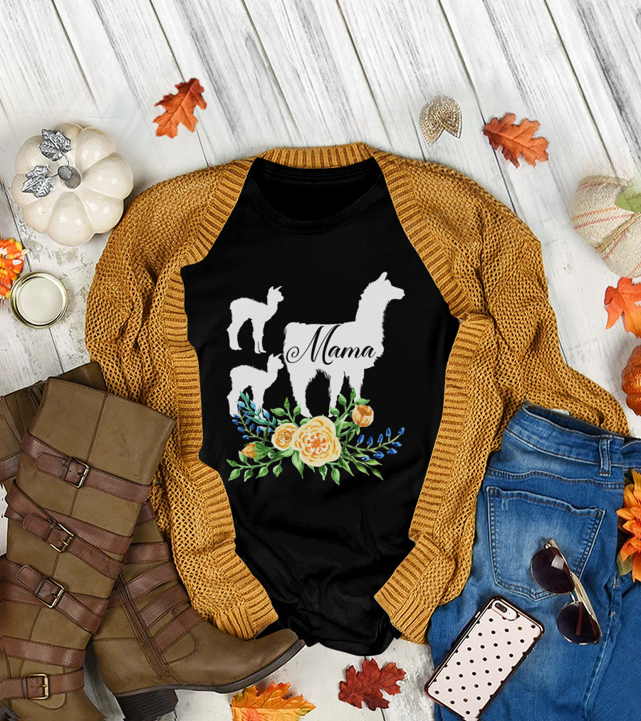 Mama Llama with Floral Design and Two Baby Llamas T-Shirt
