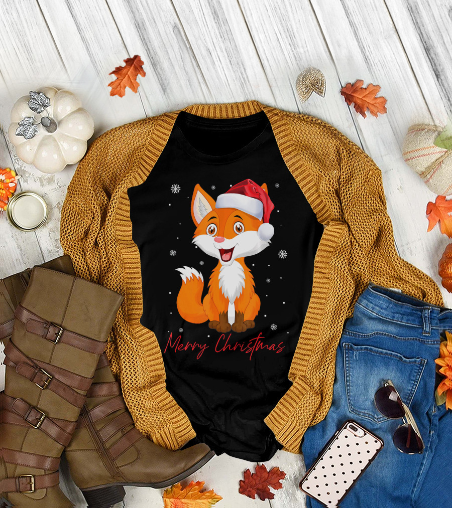 Merry Christmas Fox Santa Hat Snowflakes T-Shirt