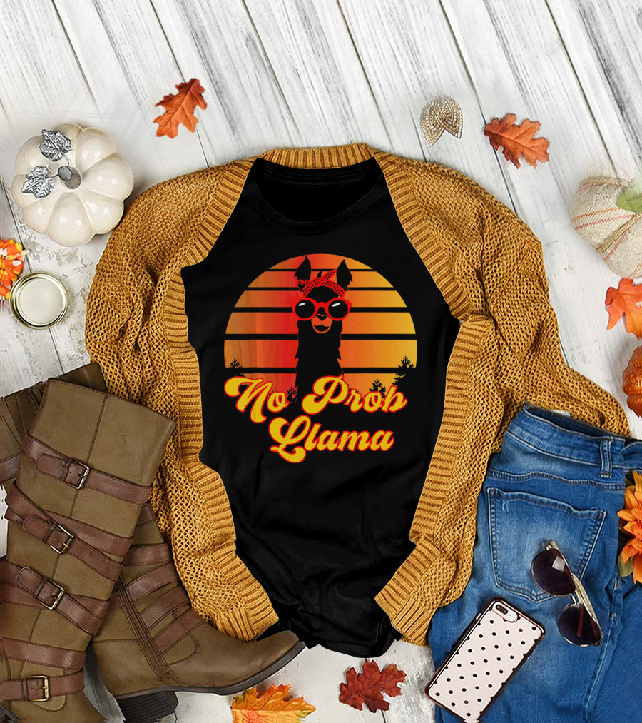No Prob Llama Retro Cute Funny Llama with Sunset and Sunglasses T-Shirt