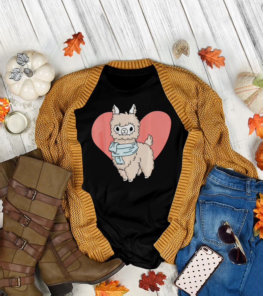Sweet Llama Alpaca Heart with Blue Scarf T-Shirt