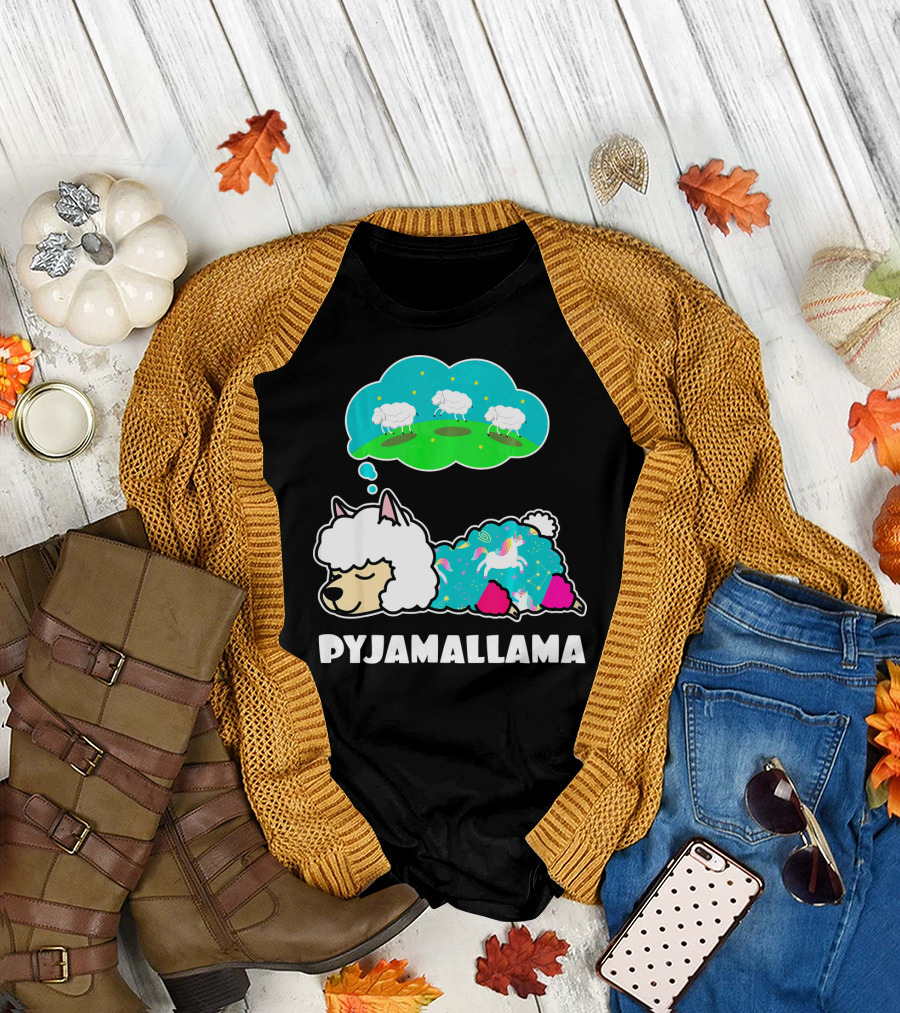 PYJAMALLAMA Llama Alpaca Dreaming of Sheep with Blue Pajamas T-Shirt