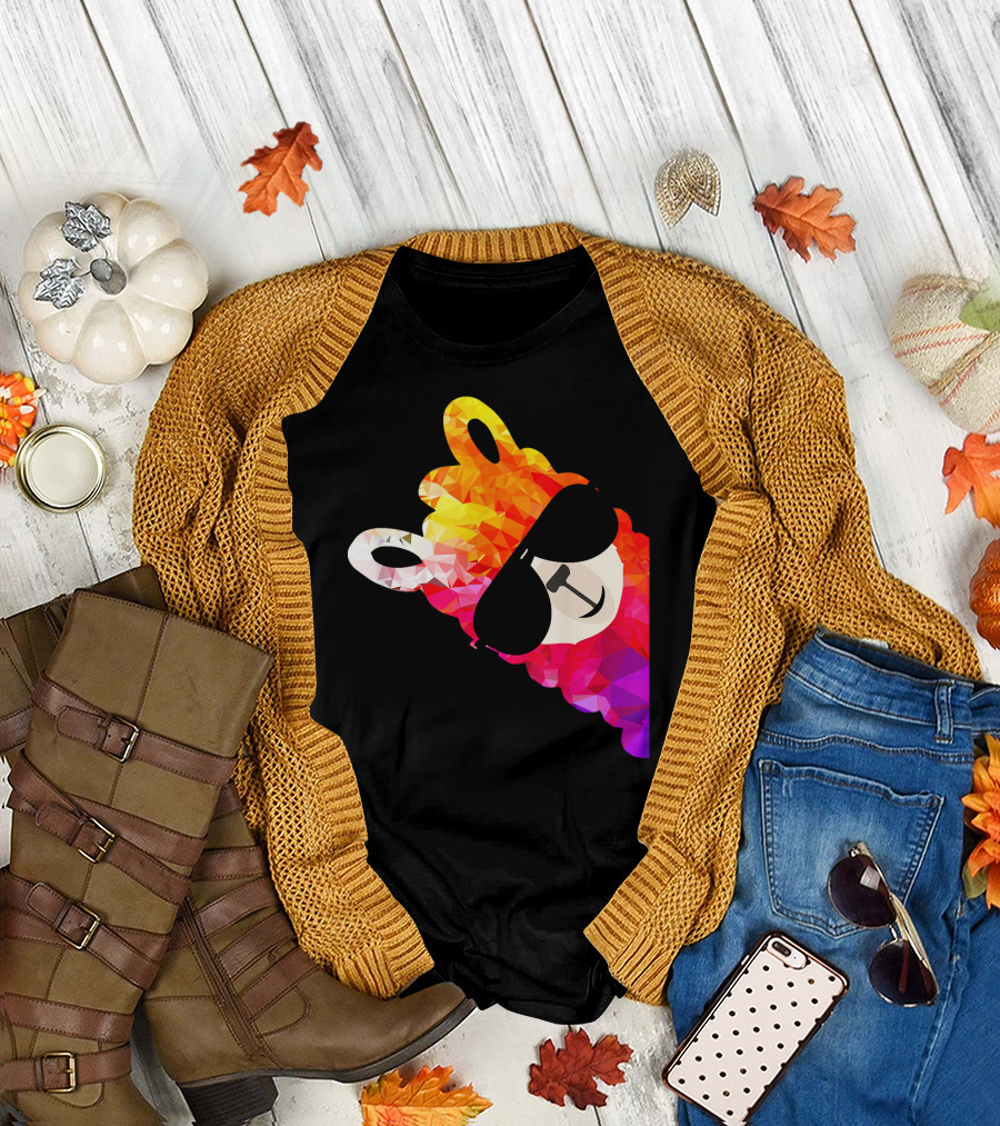 Rainbow Fun Llama Alpaca Sunglasses Multicolored Geometric T-Shirt