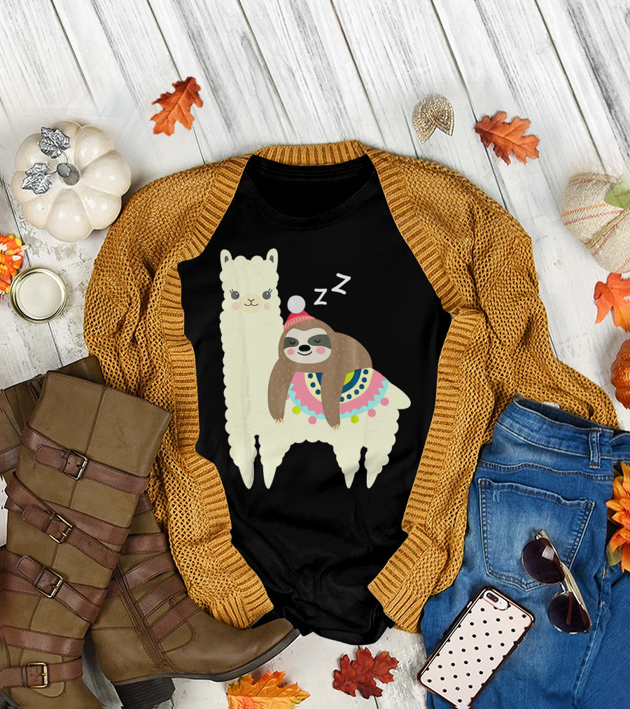 Sloth Snoozing on Alpaca Llama Adorable Sleepy Animal T-Shirt