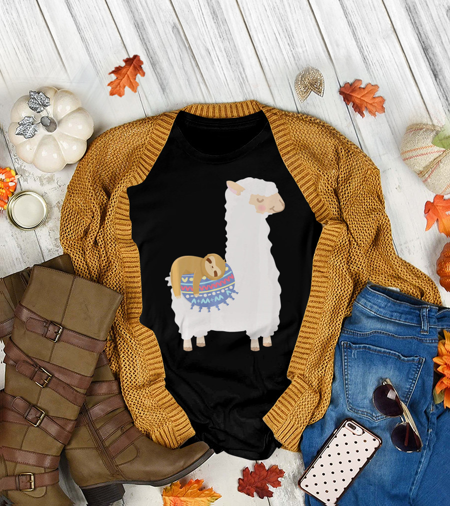 Sloth Sleeping on Colorful Blanket on White Llama Alpaca T-Shirt