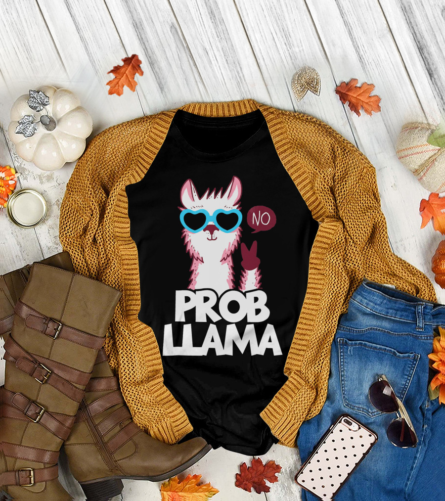 No Prob Llama Cool Peace Sign Heart Glasses T-Shirt