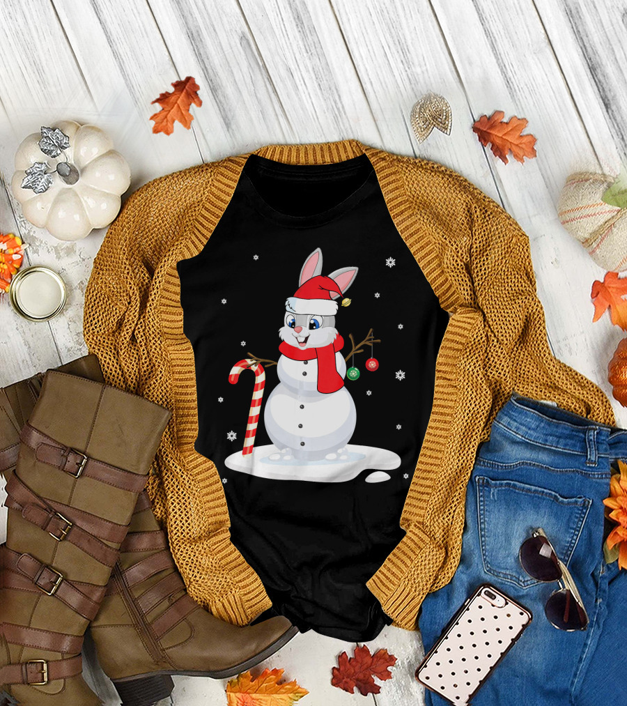Rabbit Snowman Xmas Costume Candy Cane Snowflakes T-Shirt