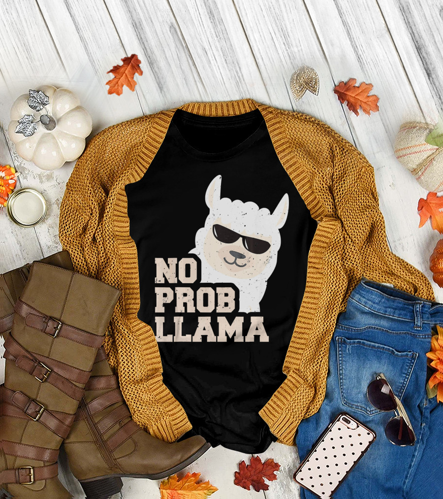 NO PROB LLAMA Funny Llama Wearing Sunglasses T-Shirt