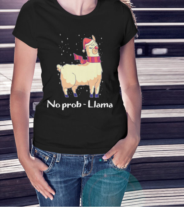 No Prob Llama Cute Llama And Alpaca Lover Festive Santa Hat Snowflakes T-Shirt