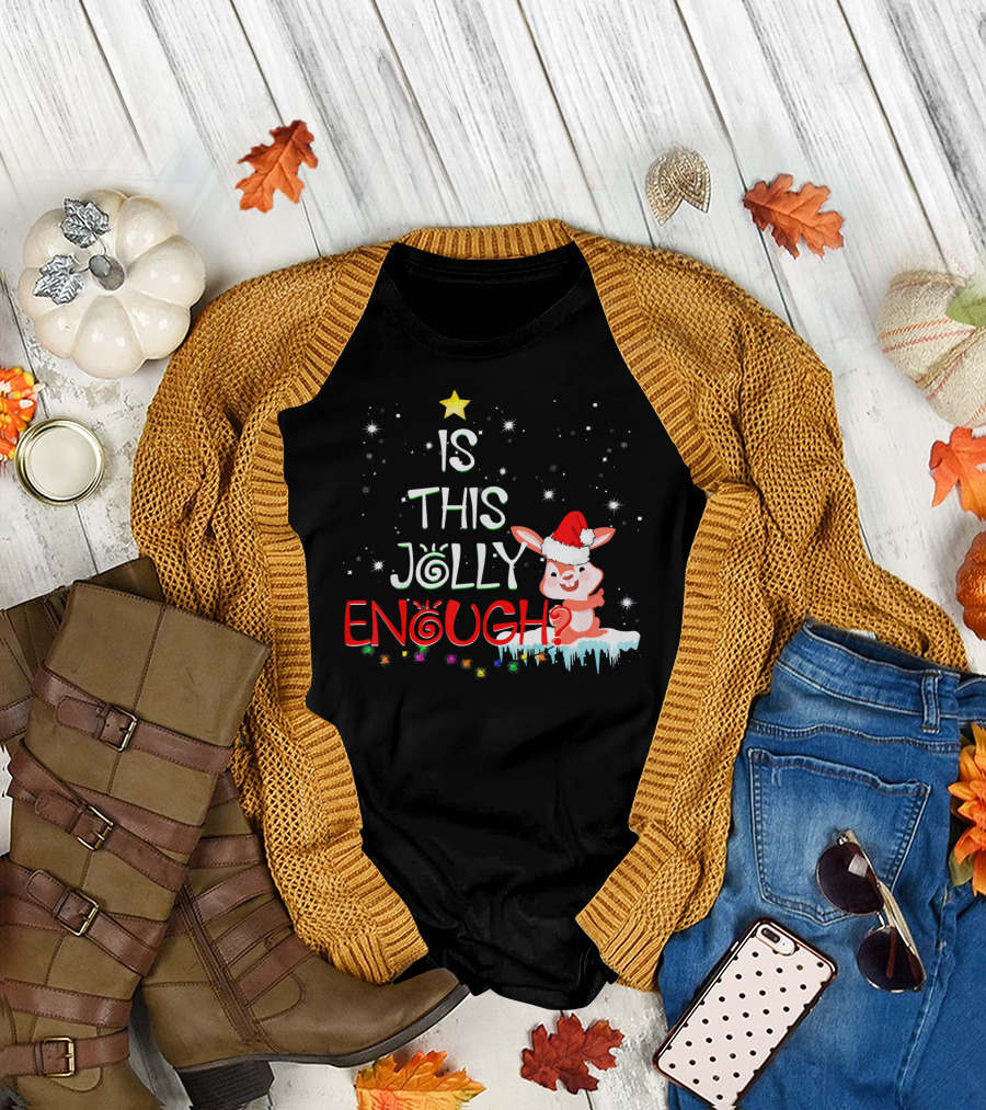 Rabbit Christmas Is This Jolly Enough Festive Santa Hat Snowflakes T-Shirt