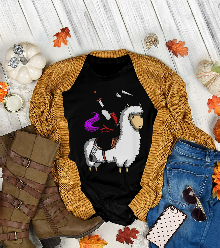 Unicorn Ninja Samurai with Llama Adventure T-Shirt