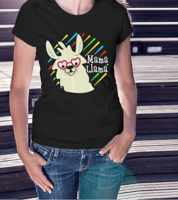 Mama Llama Heart Glasses Rainbow Stripes Cute Alpaca T-Shirt