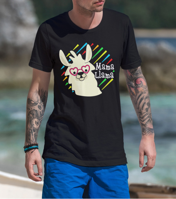 Mama Llama Heart Glasses Rainbow Stripes Cute Alpaca T-Shirt