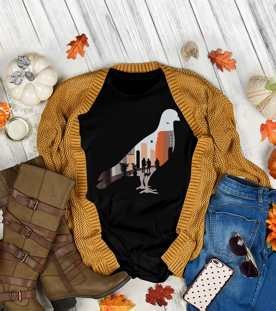 Pigeon Silhouette with Cat and Plants in Urban Street with Buildings T-Shirt