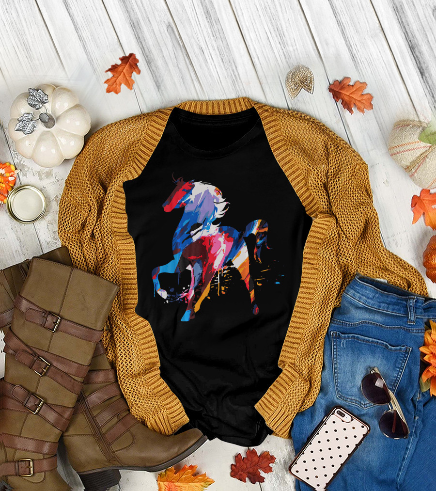 Watercolor Rainbow Riding Horse Colorful T-Shirt