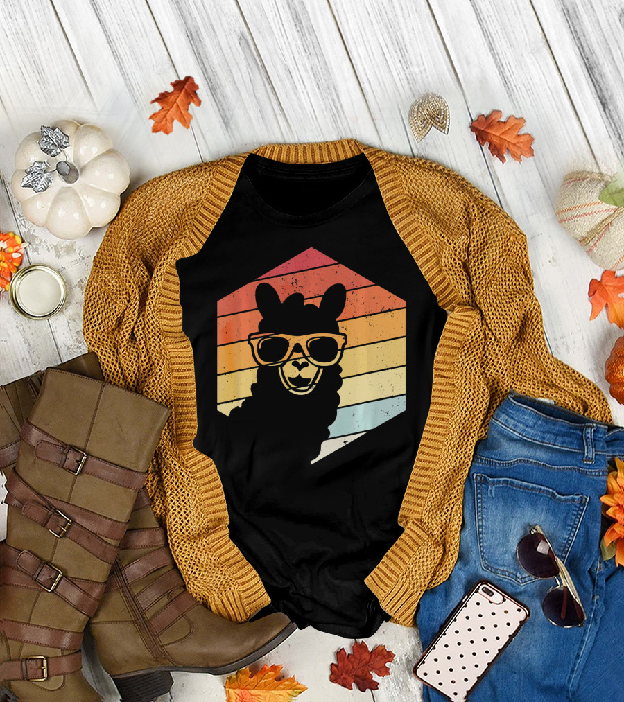 Vintage Retro Llama Sunglasses Rainbow Hexagon T-Shirt