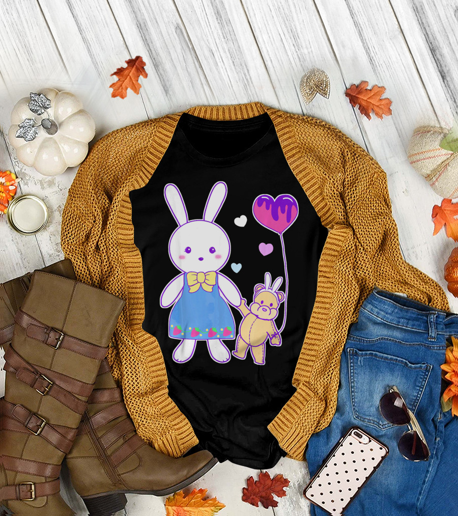 Yume Kawaii Bunny in Strawberry Dress with Teddy Bear and Heart Balloon T-Shirt