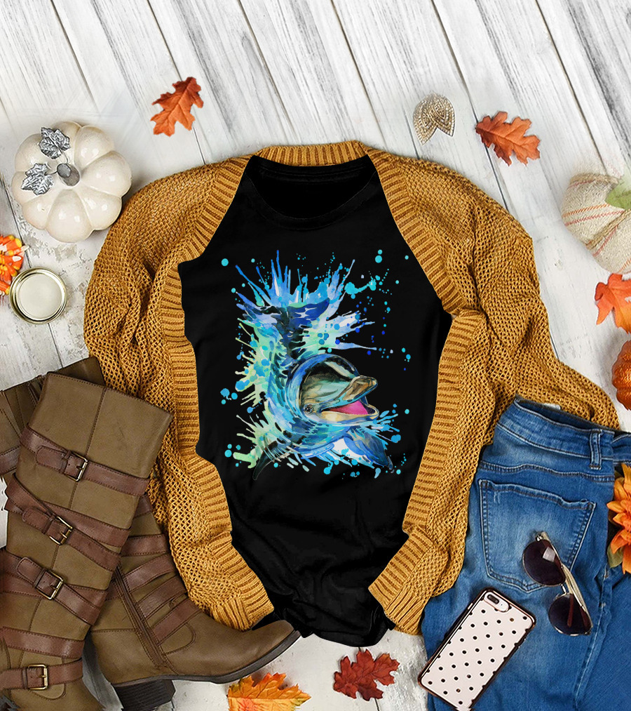 Cute and Happy Dolphin Splash Art Beautiful Ocean T-Shirt