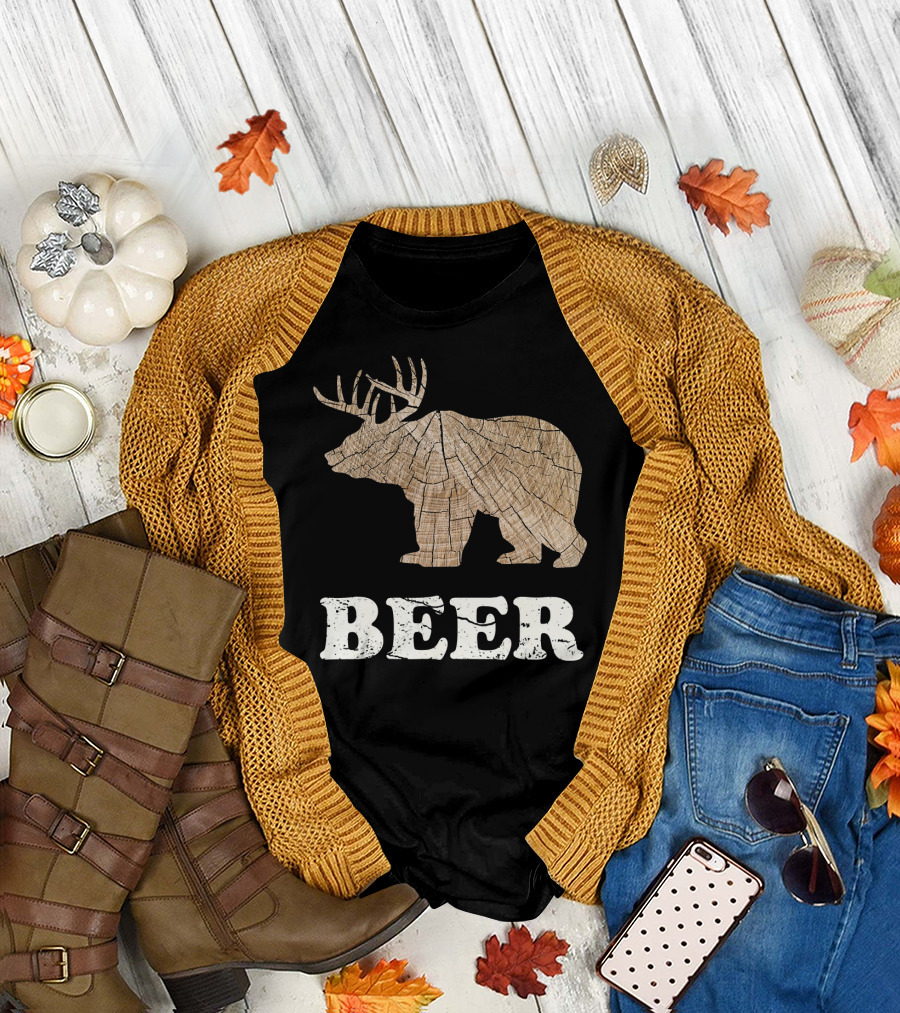 Bear Deer Antler BEER Wood Texture T-Shirt